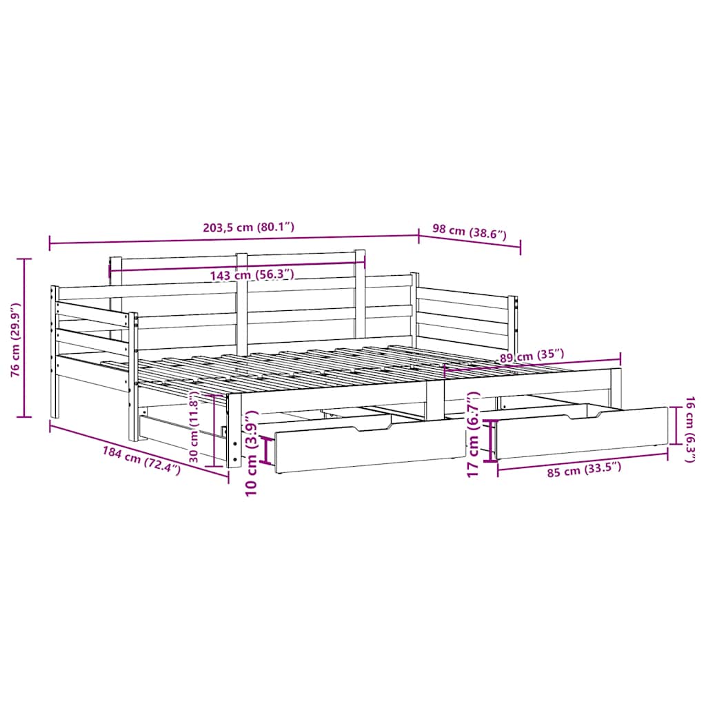 Daybed Med Udtræk Og Skuffer Uden Madras