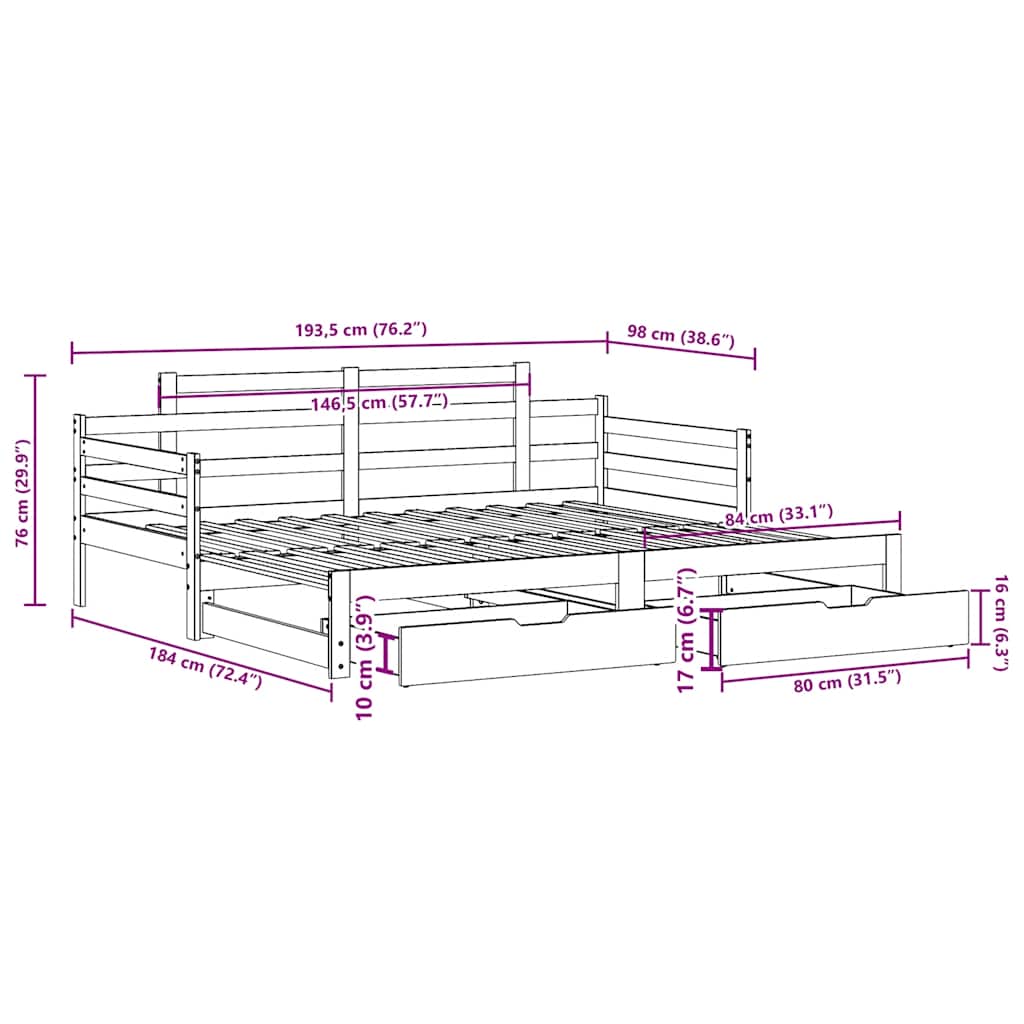Daybed Med Udtræk Og Skuffer Uden Madras