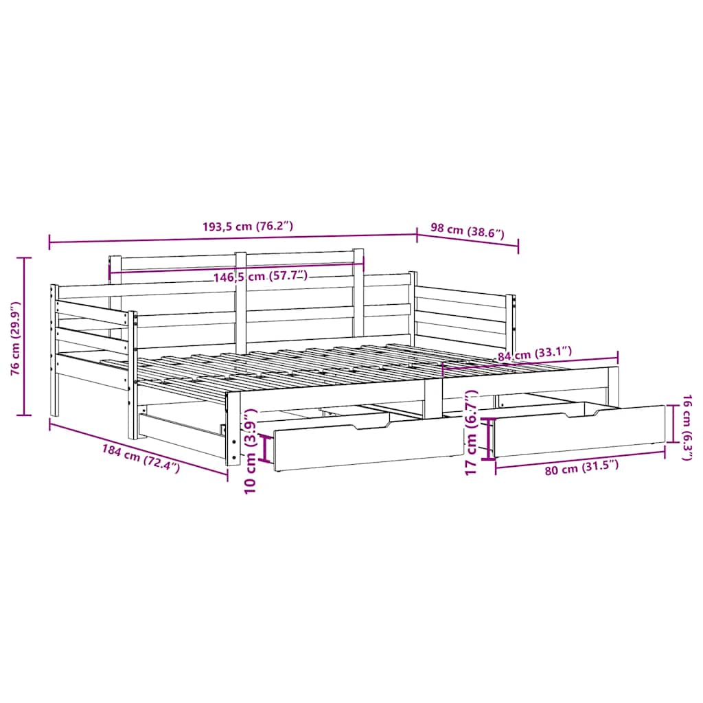 Daybed Med Udtræk Og Skuffer Uden Madras
