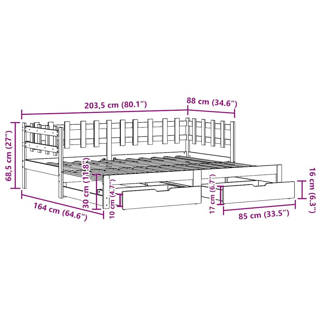 Daybed Med Udtræk Og Skuffer Uden Madras