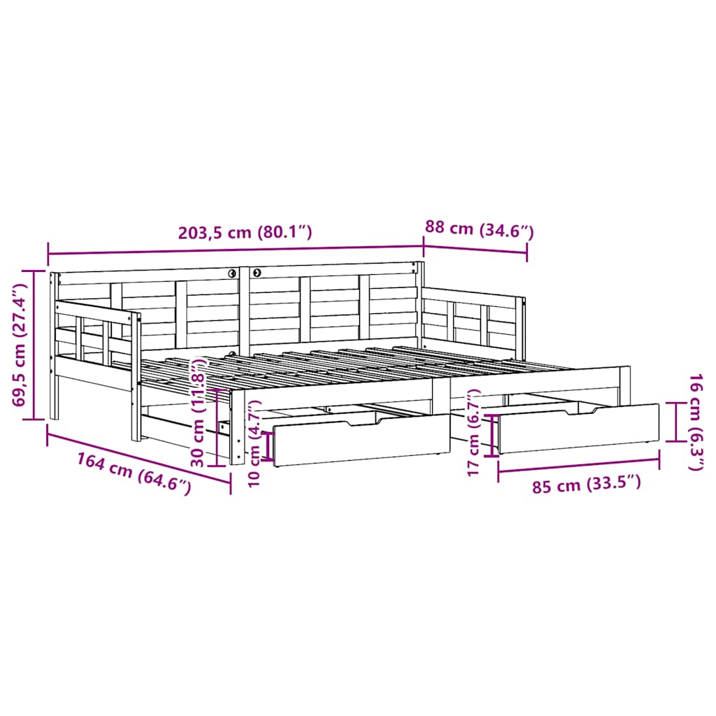 Daybed Med Udtræk Og Skuffer Uden Madras 80x200 Cm Hvid - Billede 12