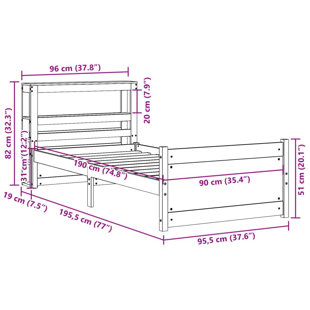 Sengeramme med Sengegavl 90x190 Cm Massivt Fyrretræ - billede 12