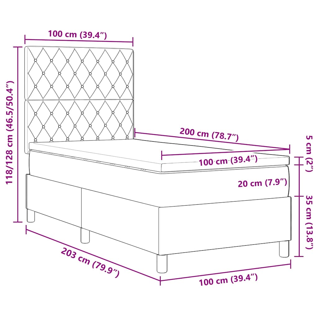 Box Spring Seng Med Madras Lysegrå 100 X 200 Cm Fløjl - Billede 12