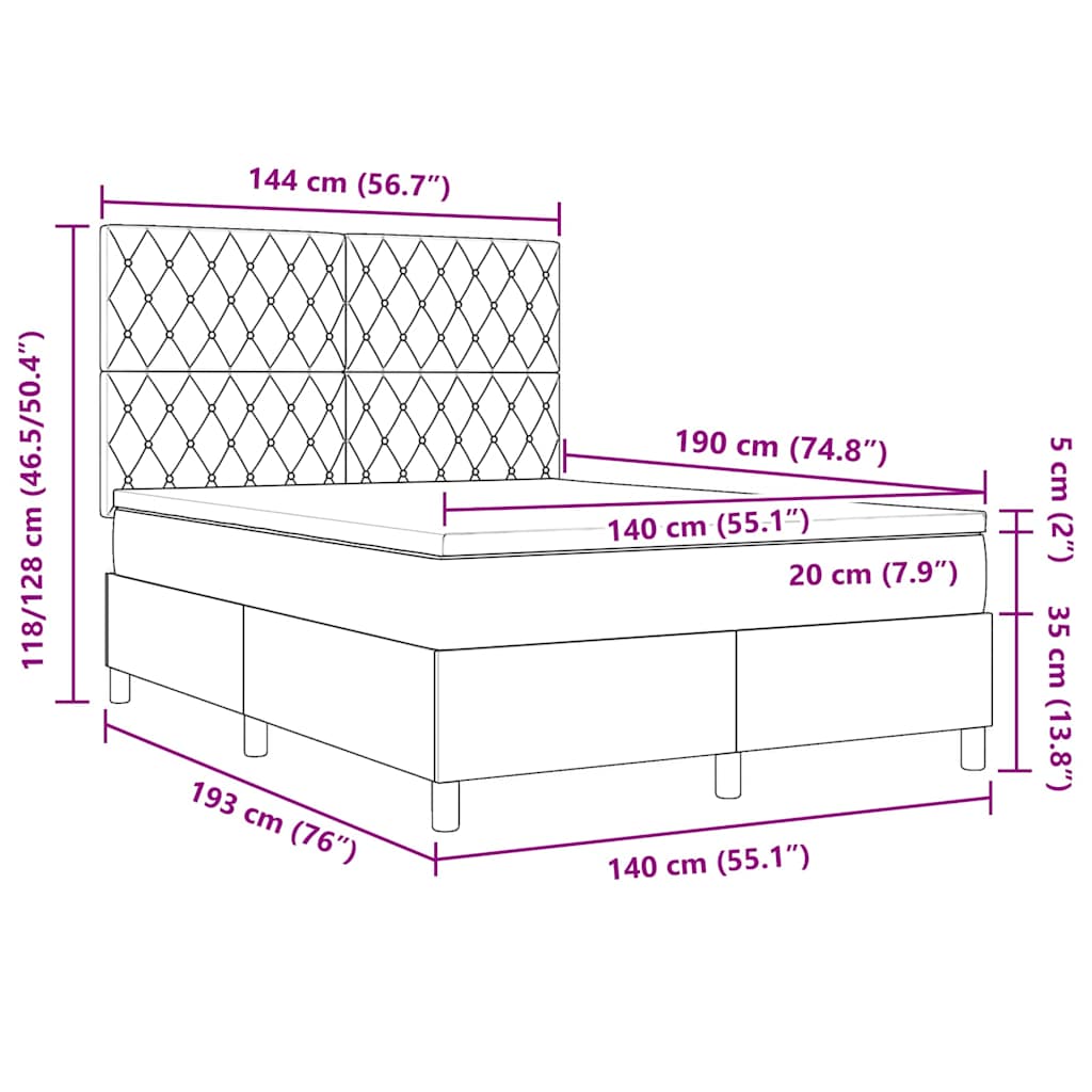 Box Spring Seng Med Madras Lysegrå 140 X 190 Cm Fløjl - Billede 12
