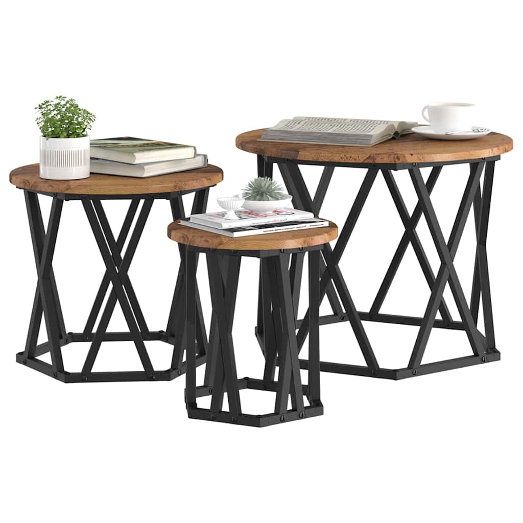 Nesting Sidebord 3 Dele Ingeniørtræ Og Stål - Billede 3