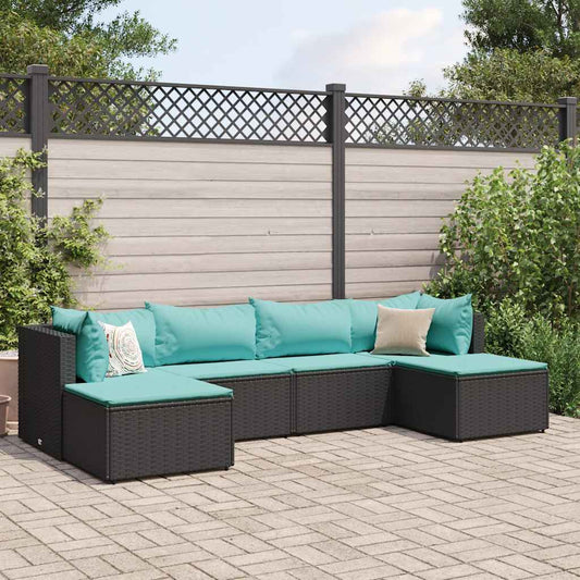 Loungesæt Til Haven 6 Dele Med Hynder Polyrattan Sort