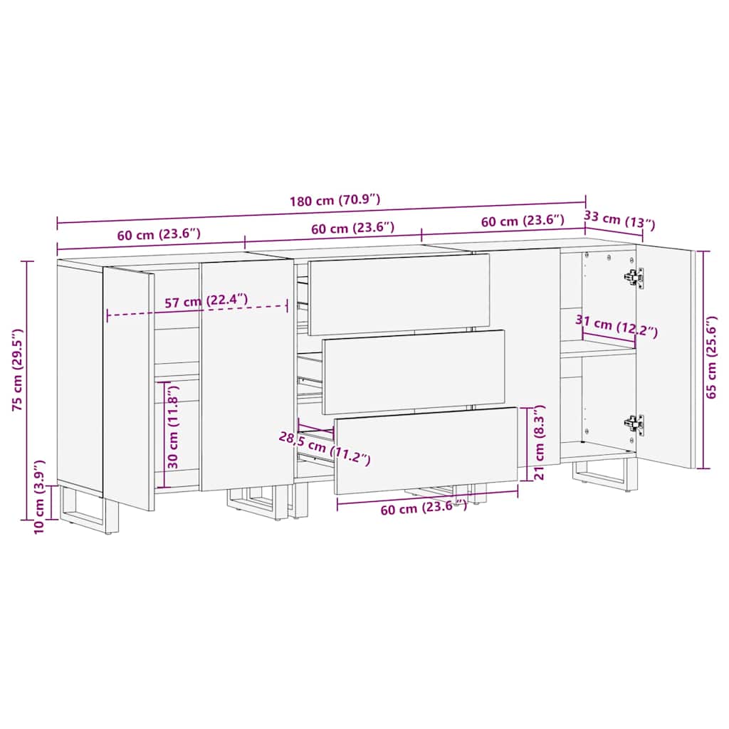 Sideboard 3 Pcs Brun 60 X 33 X 75 Cm Massivt Mangotræ - Billede 12