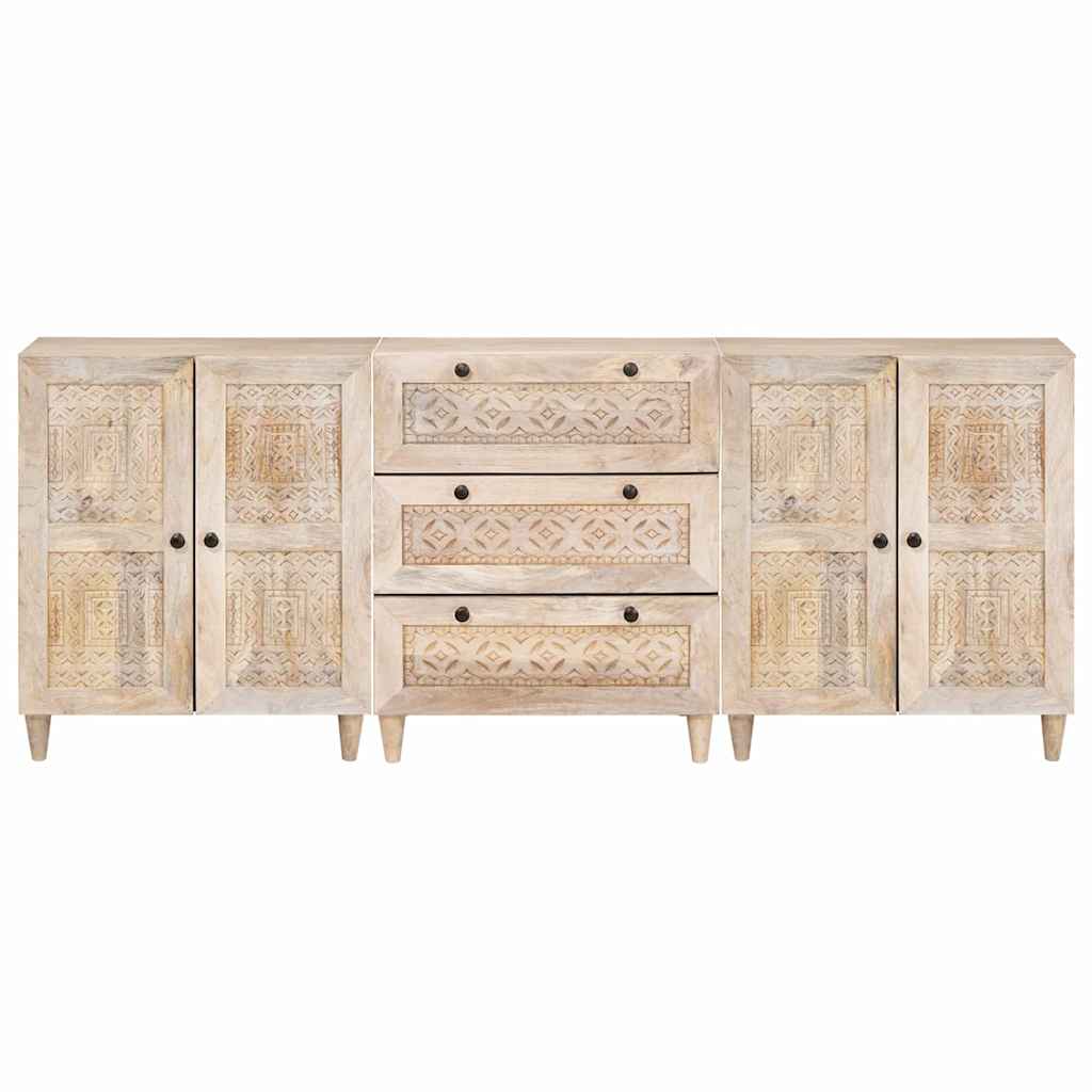 Sideboard 3 Pcs Hvid 60 X 33 X 75 Cm Massivt Mangotræ - Billede 4