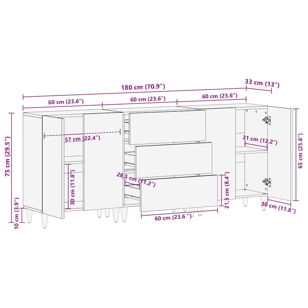 Sideboard 3 Pcs Hvid 60 X 33 X 75 Cm Massivt Mangotræ - Billede 12