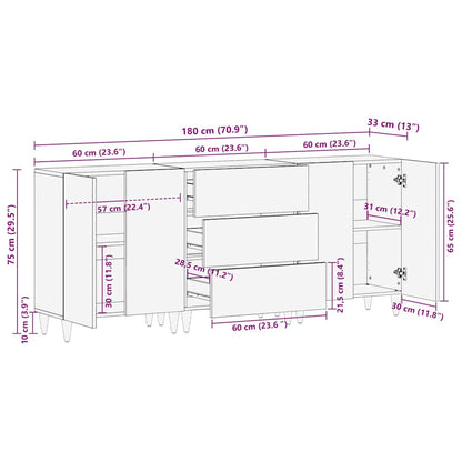Sideboard 3 Pcs Hvid 60 X 33 X 75 Cm Massivt Mangotræ - Billede 12
