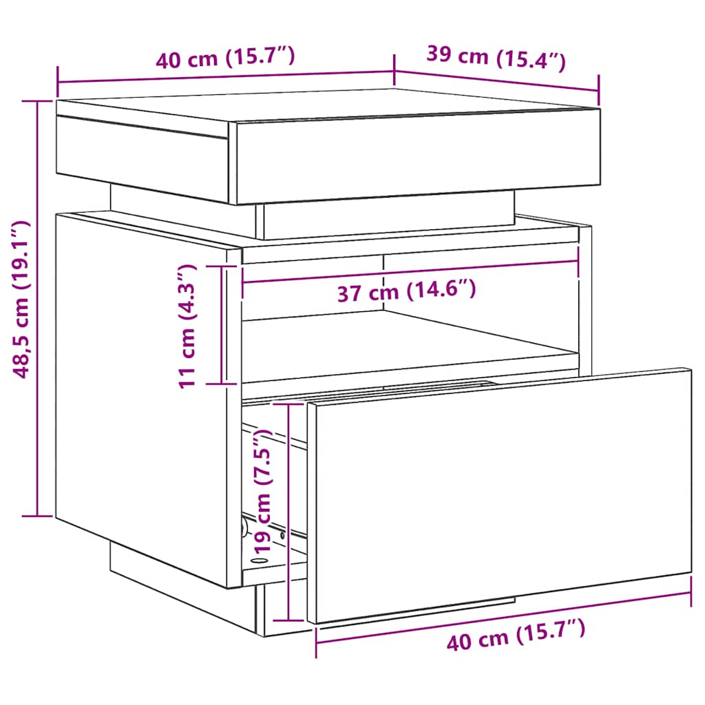 Sengebord Med LED-lys 40x39x48,5 Cm Kunsteg - Billede 12
