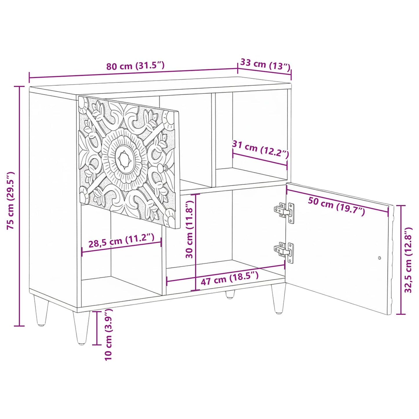 Sideboard Med Dør 80 X 33,5 X 75 Cm Massivt Mangotræ - Billede 12