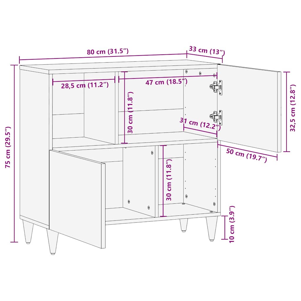 Sideboard Med Hylde 80 X 33 X 75 Cm Massivt Mangotræ - Billede 11