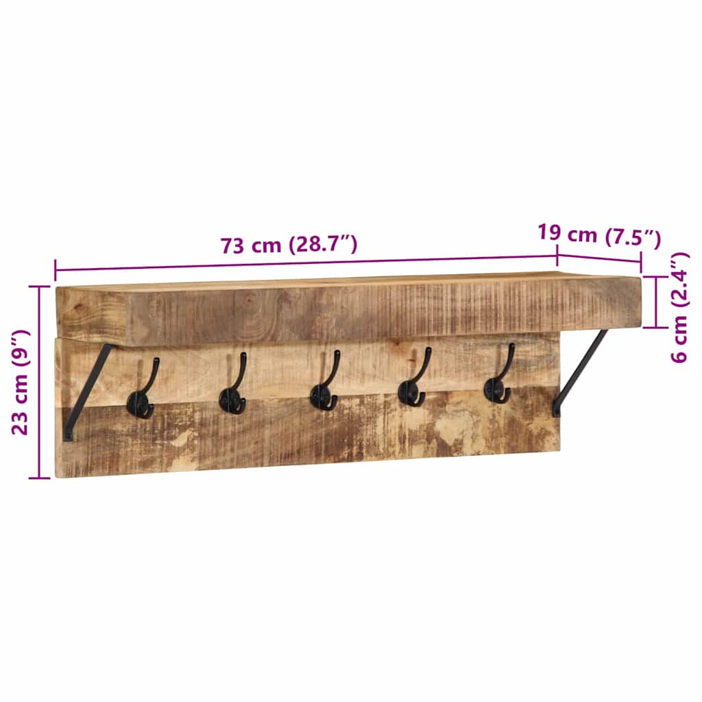 Knagerække Med Hylde Brun 73 X 19 X 23 Cm Massivt Mangotræ - Billede 12