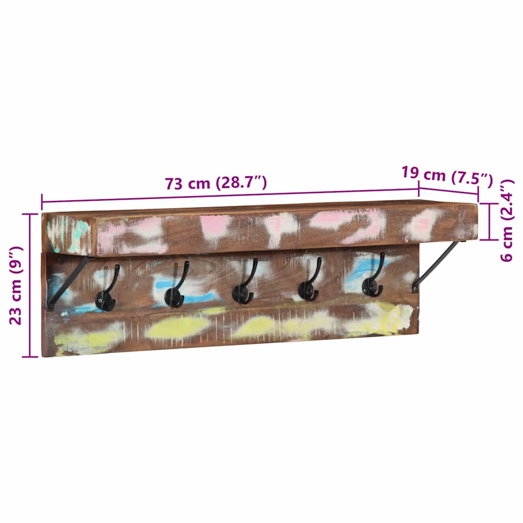 Knagerække Med Hylde Brun 73 X 19 X 23 Cm Massivt Genbrugstræ - Billede 12