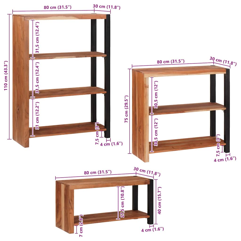 Bogreol 3 Pcs Brun 80 X 30 X 110 Cm Massivt Akacietræ - Billede 12