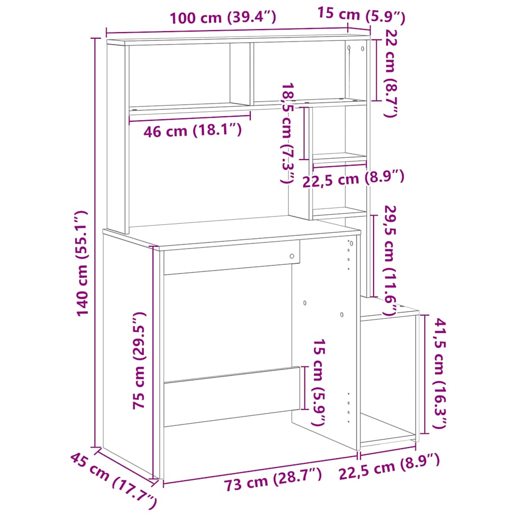 Skrivebord M. Hylder 100X45X140 Cm Konstrueret Træ