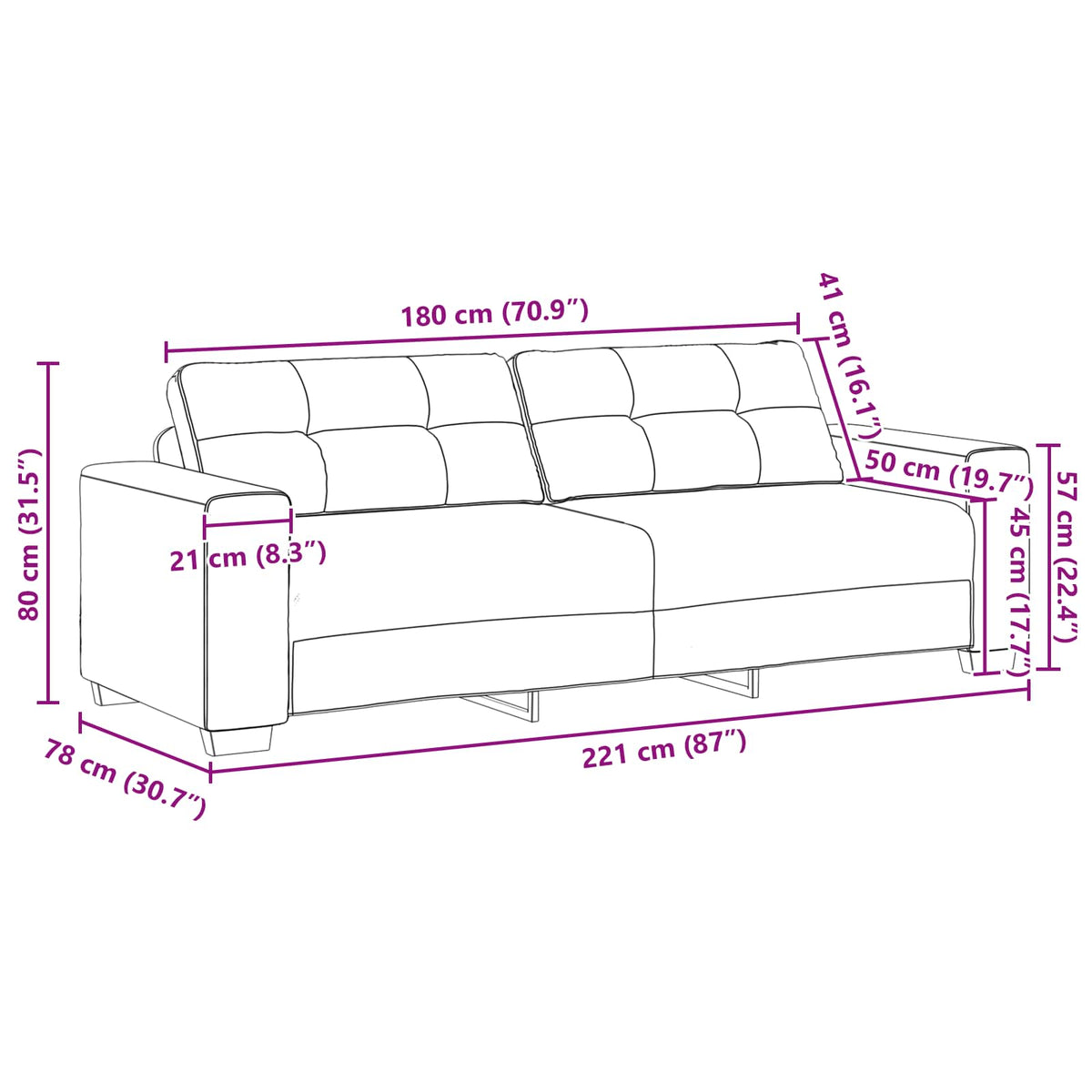 Sofa 3 Dele 221 X 80 X 80 Cm Linned-blandet Stof - Billede 13