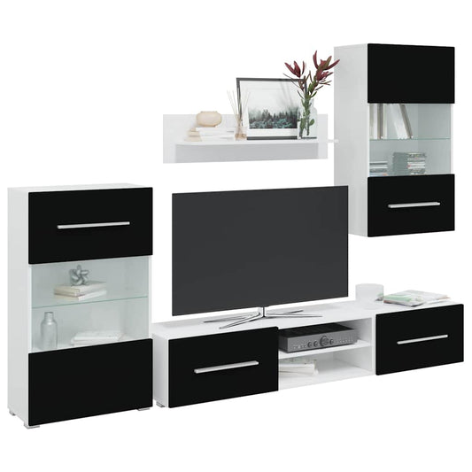 Tv-Skabe I 5 Dele Med Led-Belysning Konstrueret Træ Mat Sort