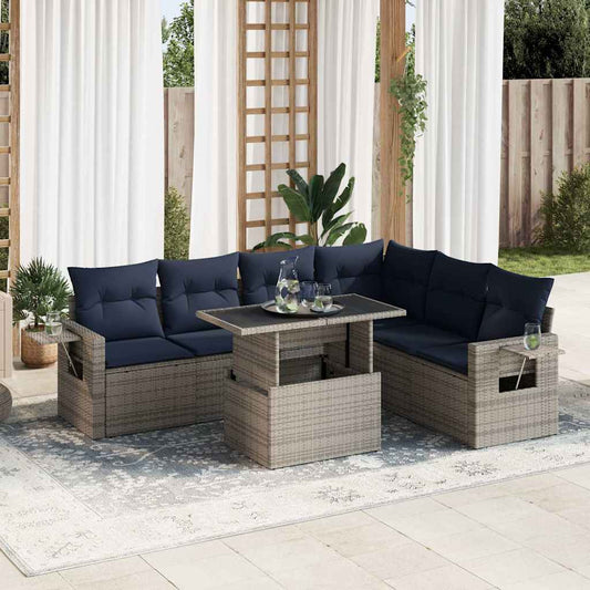 Sofasæt til Haven 7 Dele med Hynder Polyrattan Akacietræ Sort - hovedbillede