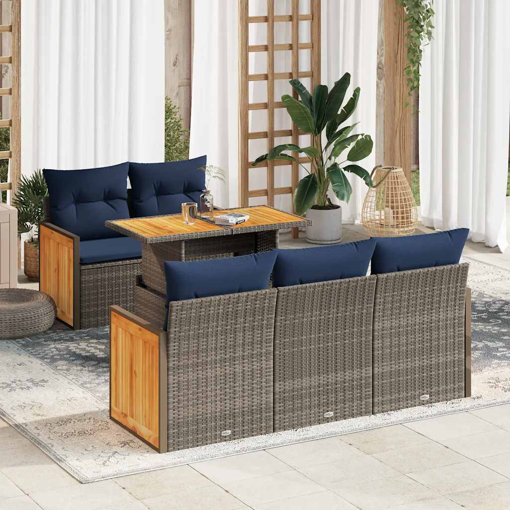 Sofasæt til Haven 6 Dele med Hynder Polyrattan Akacietræ Grå - hovedbillede