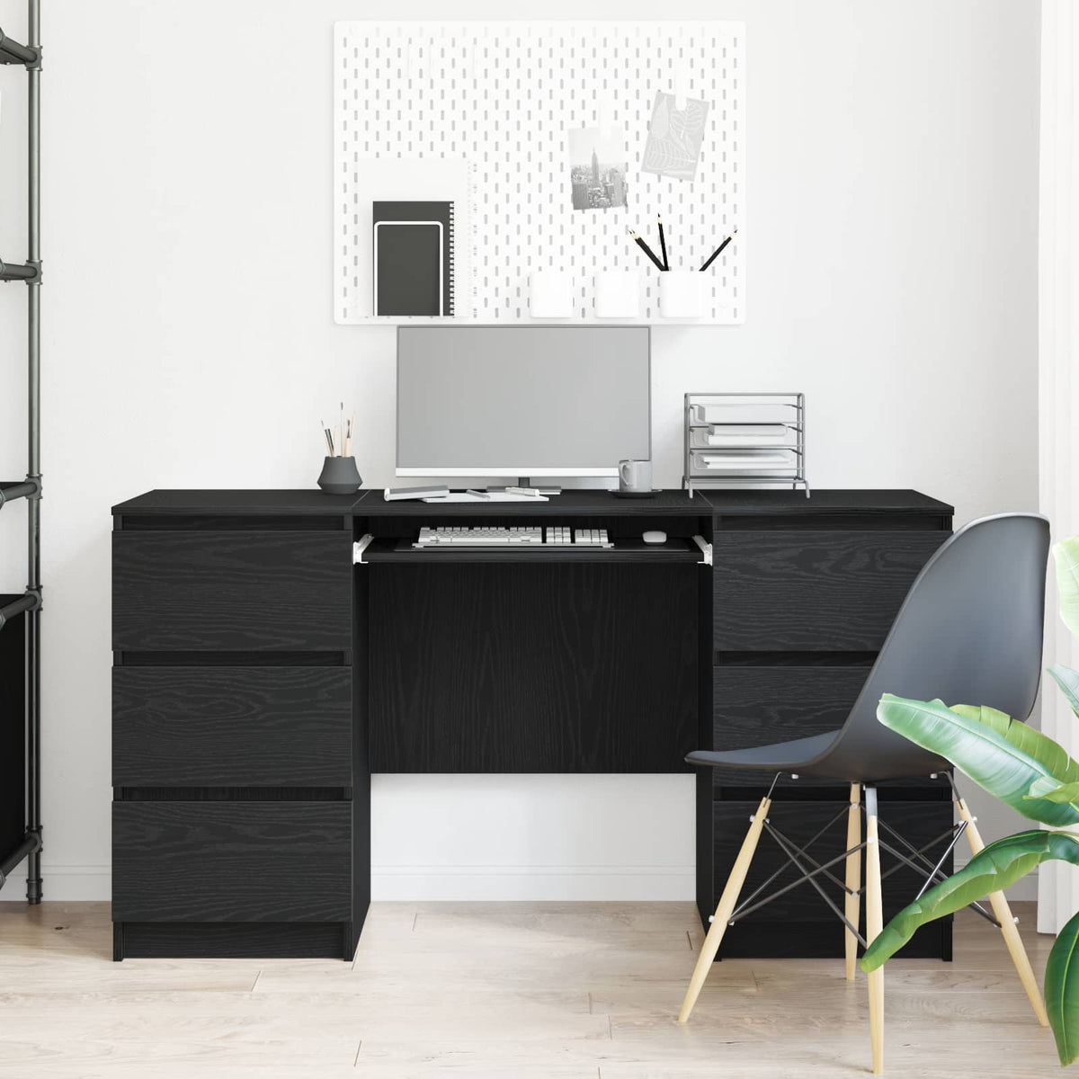 Bord Med Skuffe Sort Eg 140 X 50 X 76 Cm Konstrueret Træ - Billede 4