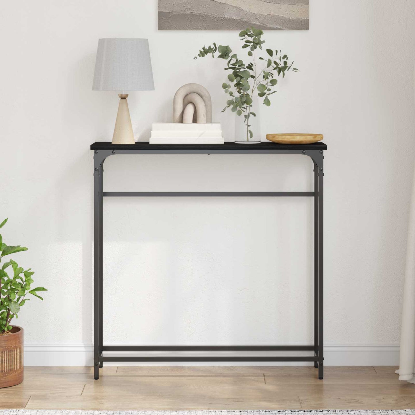 Konsolbord Med Hylde Sort Eg 75 X 19,5 X 75 Cm Konstrueret Træ - Billede 4