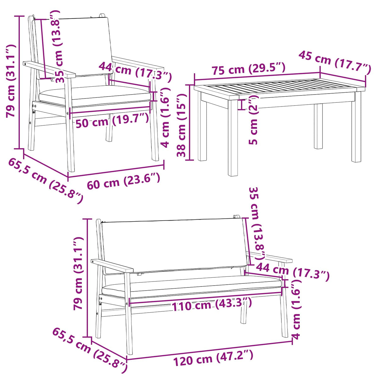 Havesofa Sæt 4 Dele 120 X 65,5 X 79 Cm Massivt Akacietræ - Billede 11