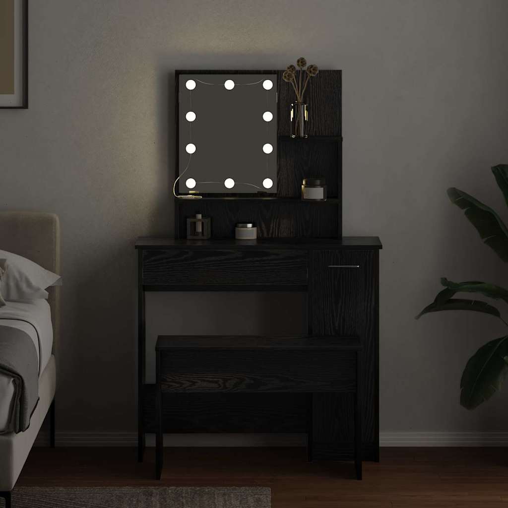 Makeupbord Sæt Sort Eg 86.5 X 35 X 136 Cm Konstrueret Træ - Billede 4