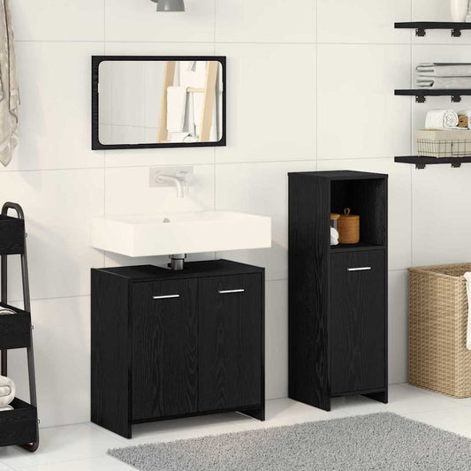 Bathroom Furniture Set Med Dør 3 Pcs Sort Eg 60 X 33 X 60 Cm - Hovedbillede