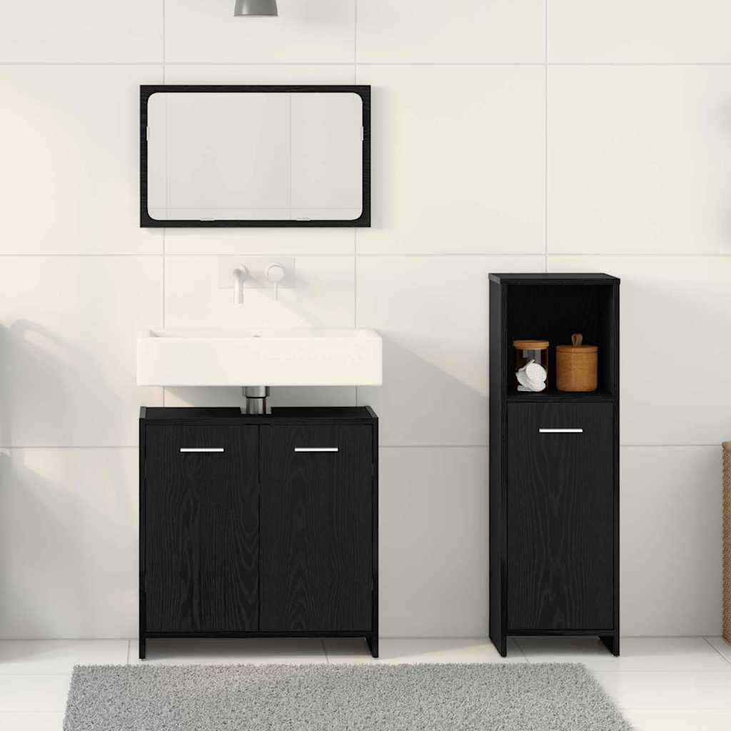Bathroom Furniture Set Med Dør 3 Pcs Sort Eg 60 X 33 X 60 Cm - Billede 4