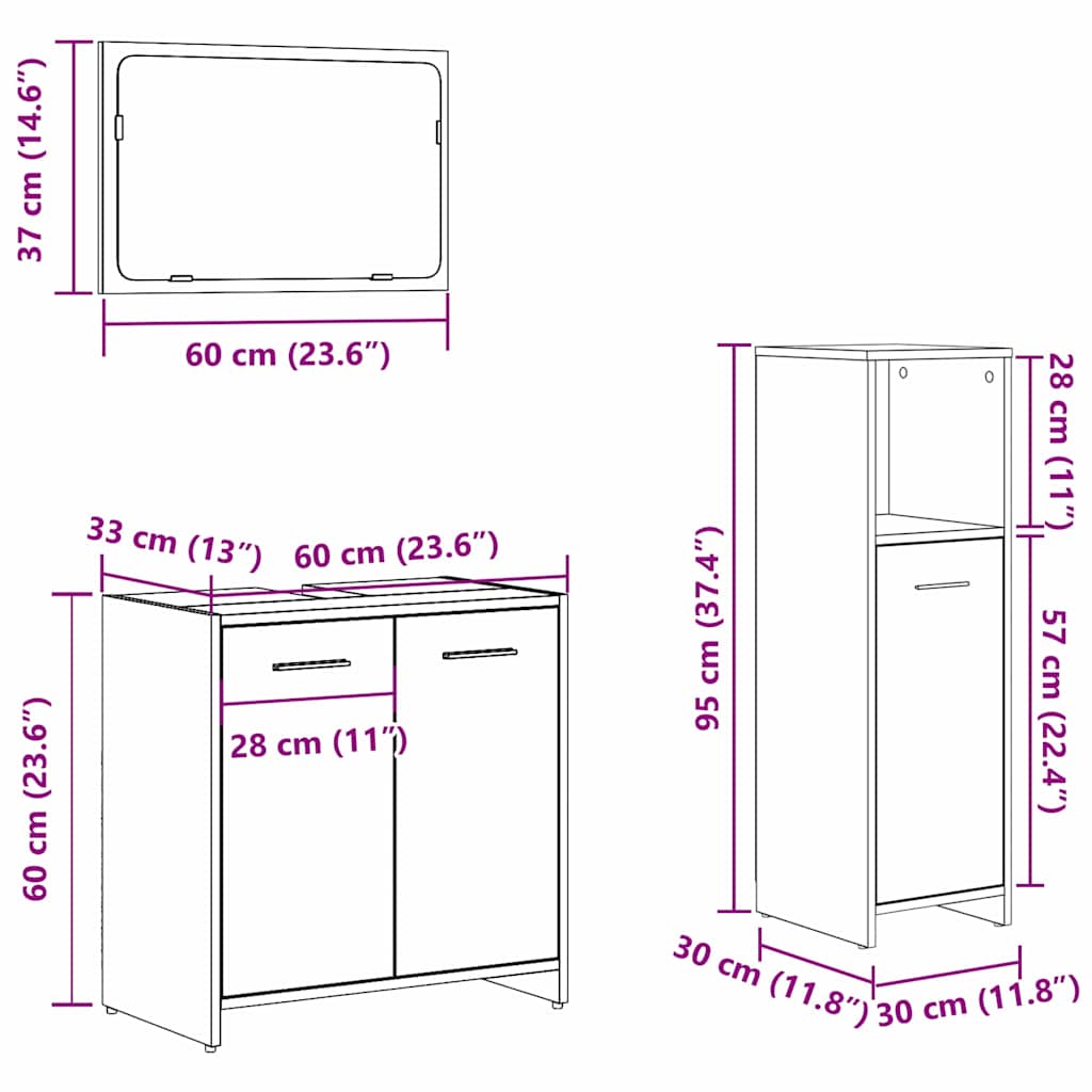 Bathroom Furniture Set Med Dør 3 Pcs Sort Eg 60 X 33 X 60 Cm - Billede 11