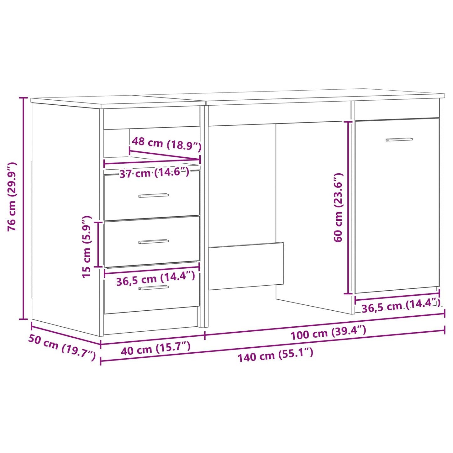 Bord Med Skuffe 2 Dele Sort Eg 140 X 50 X 76 Cm Konstrueret Træ - Billede 6