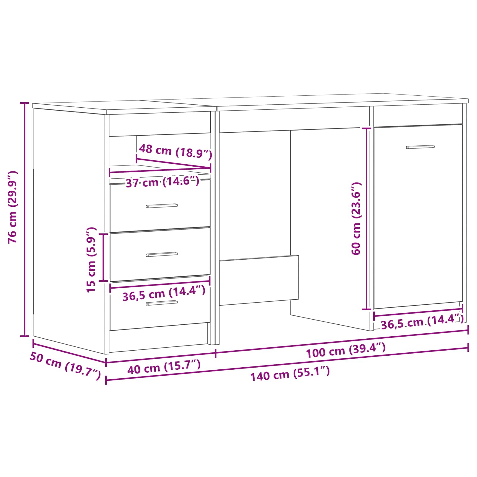 Bord Med Skuffe 2 Dele Sort Eg 140 X 50 X 76 Cm Konstrueret Træ - Billede 6