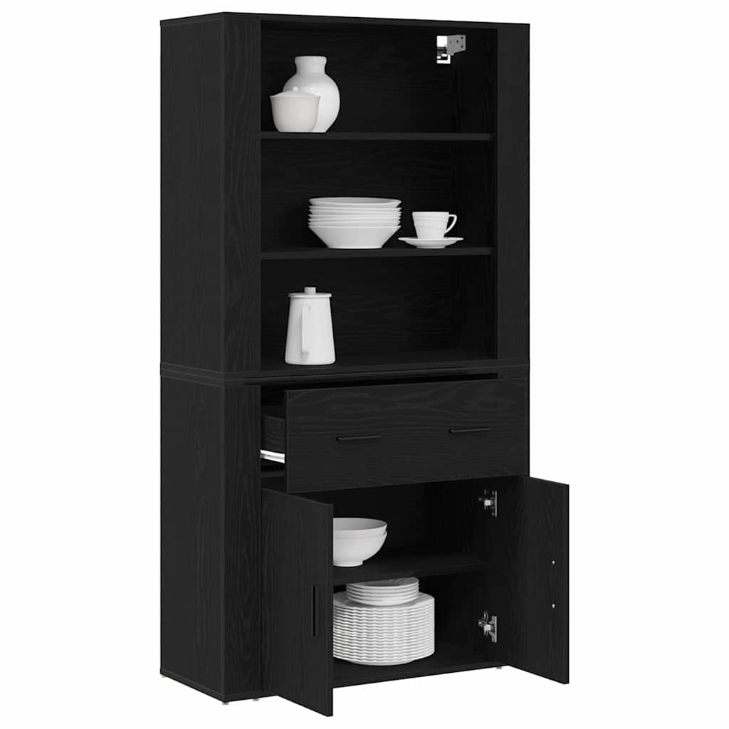 Højskab Med Skuffe Sort Eg 80 X 33 X 150 Cm Konstrueret Træ - Billede 3