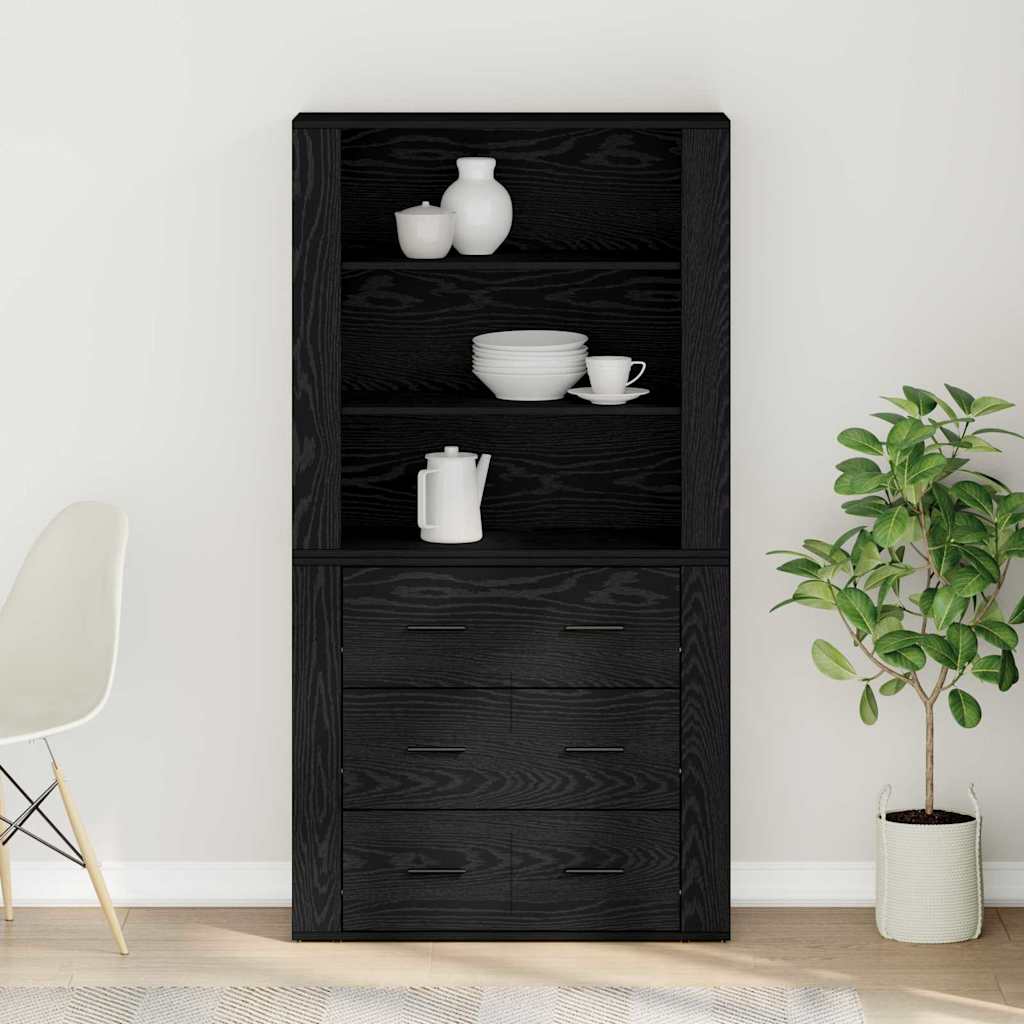 Højskab Med Skuffe Sort Eg 80 X 33 X 150 Cm Konstrueret Træ - Billede 4