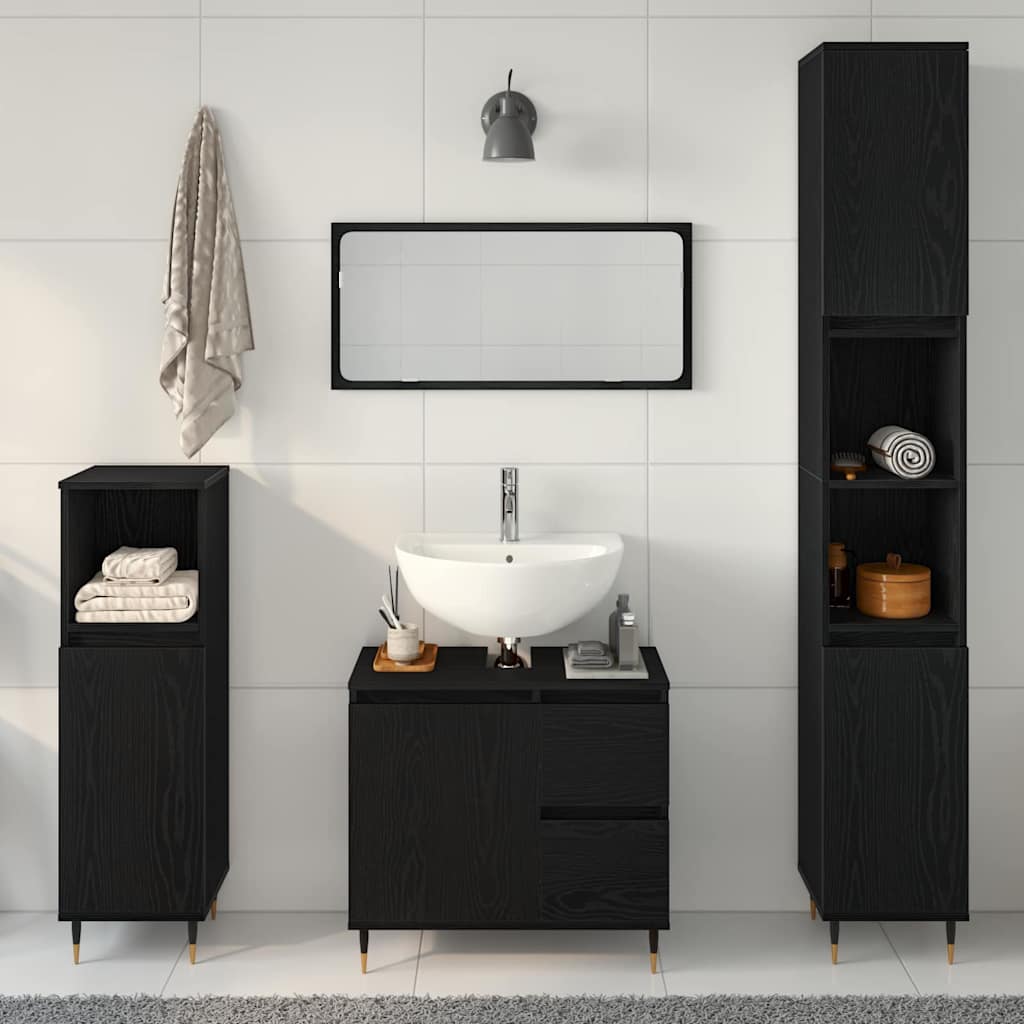 Badeværelsesmøbel-sæt Med Skuffe 3 Pcs Sort Eg 30 X 30 X 190 Cm - Billede 4