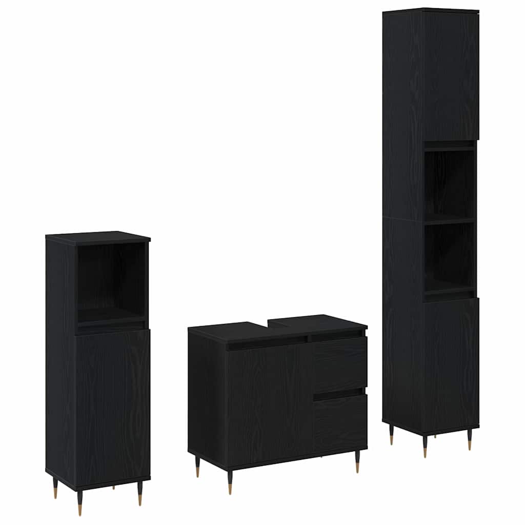 Badeværelsesmøbel-sæt Med Skuffe 3 Pcs Sort Eg 30 X 30 X 190 Cm - Billede 2