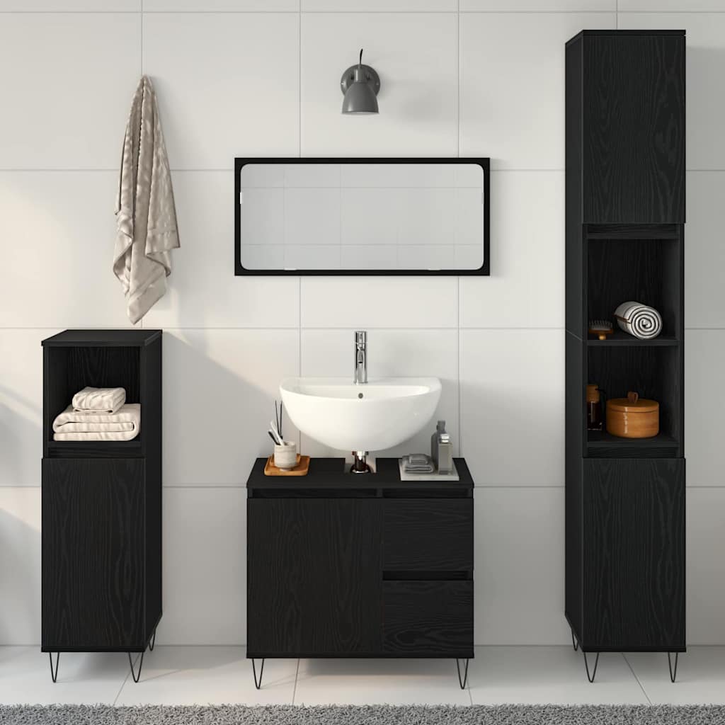 Badeværelsessæt 3 Pcs Sort Eg 30 X 30 X 190 Cm Konstrueret Træ - Billede 4