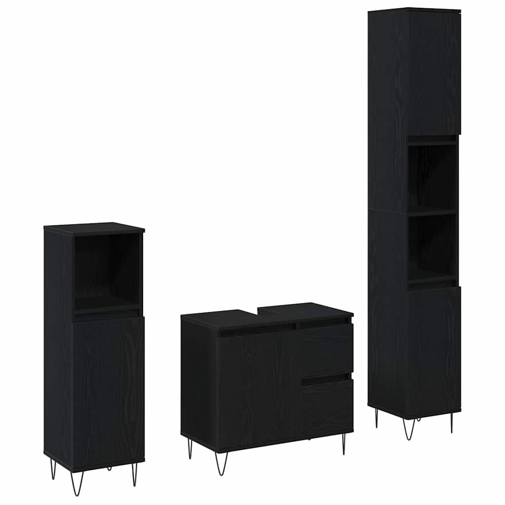 Badeværelsessæt 3 Pcs Sort Eg 30 X 30 X 190 Cm Konstrueret Træ - Billede 2