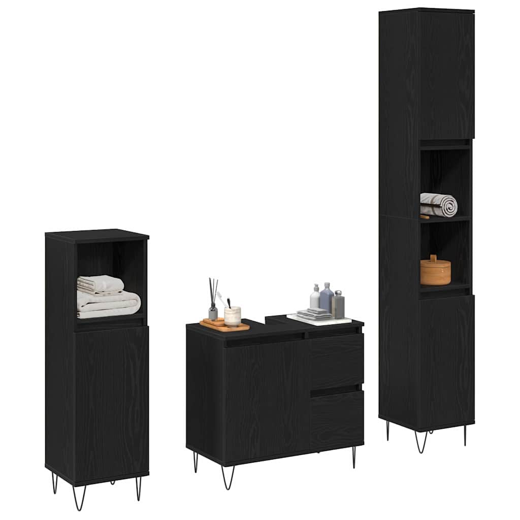Badeværelsessæt 3 Pcs Sort Eg 30 X 30 X 190 Cm Konstrueret Træ - Billede 3