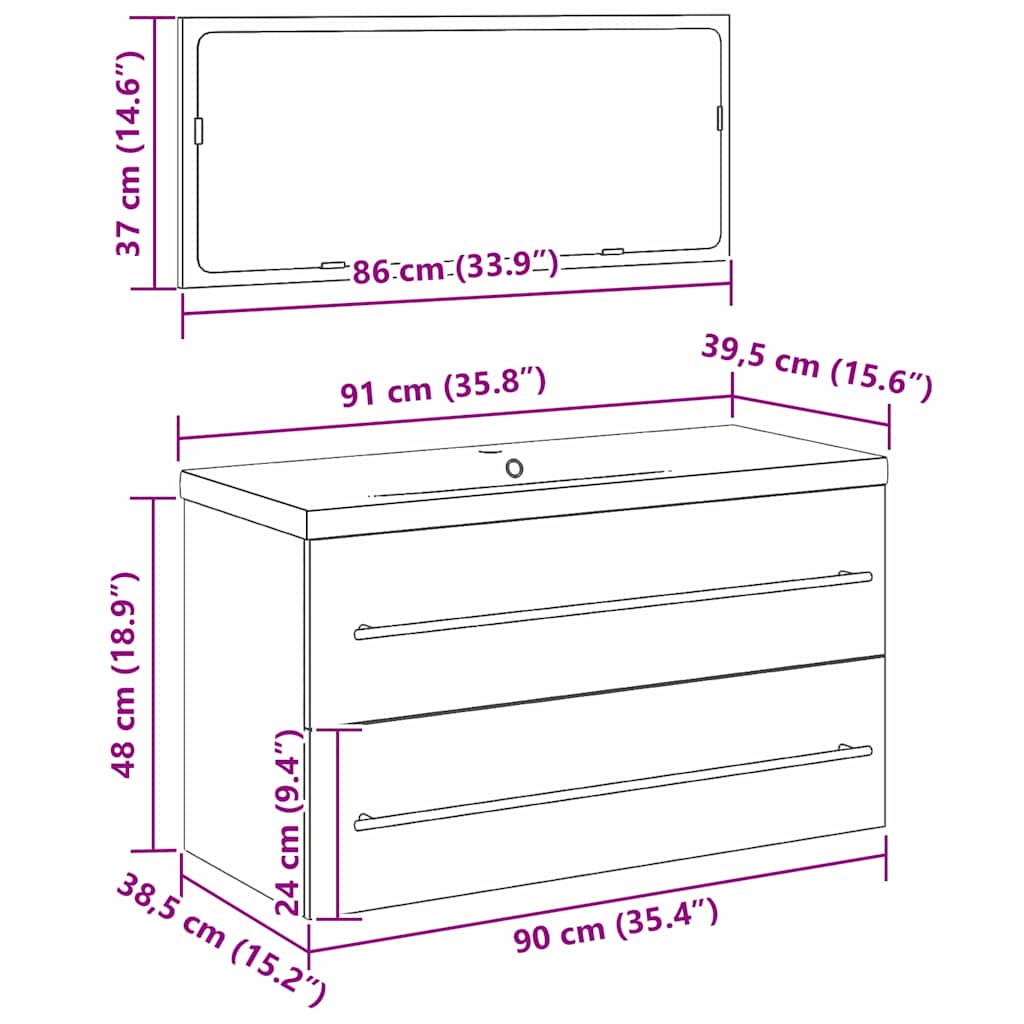 Vaskeskab Med Vask Med Skuffe 3 Pcs Sort Eg 90 X 38.5 X 48 Cm - Billede 11