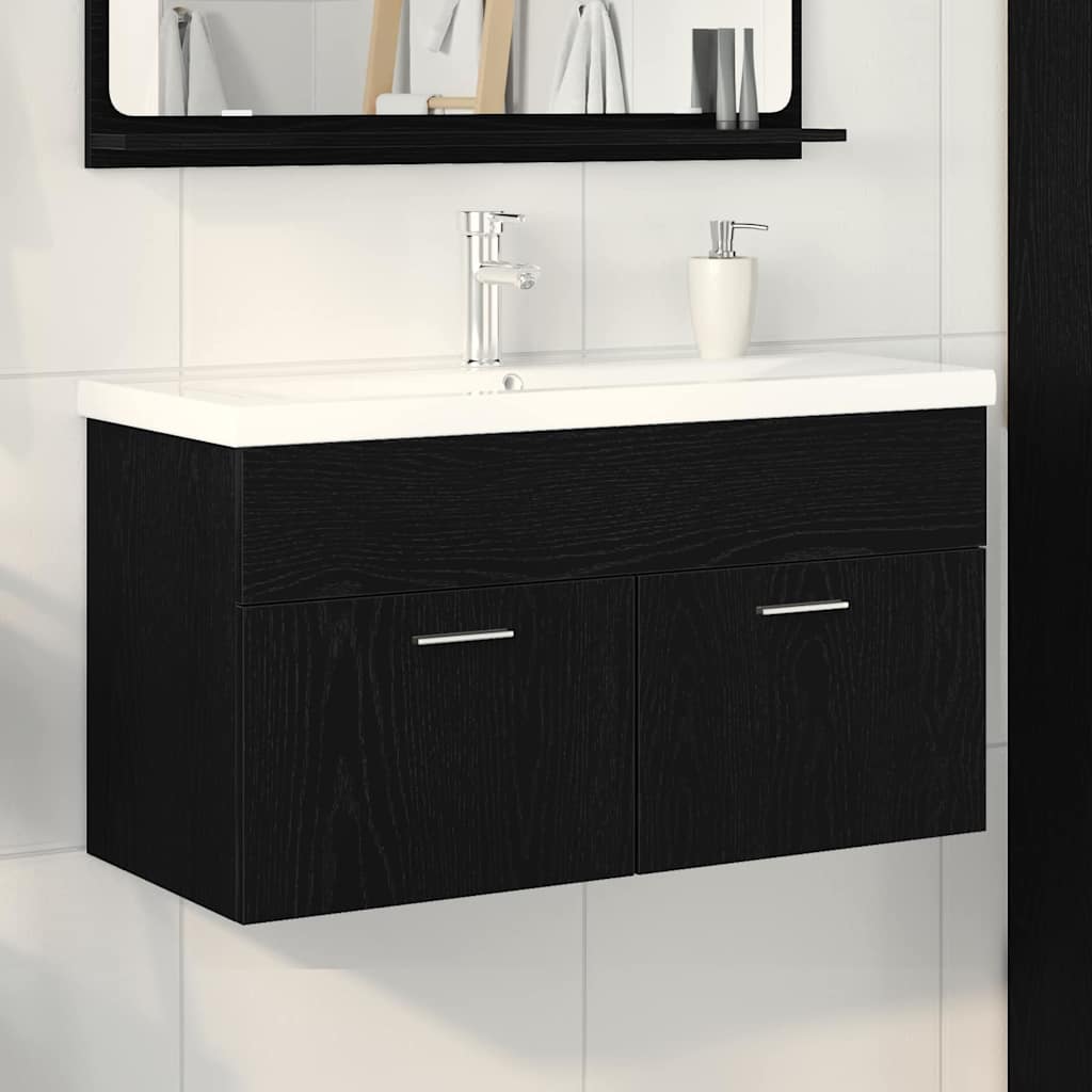 Vaskeskab Med Dør Sort Eg 90 X 38.5 X 46 Cm Konstrueret Træ - Hovedbillede