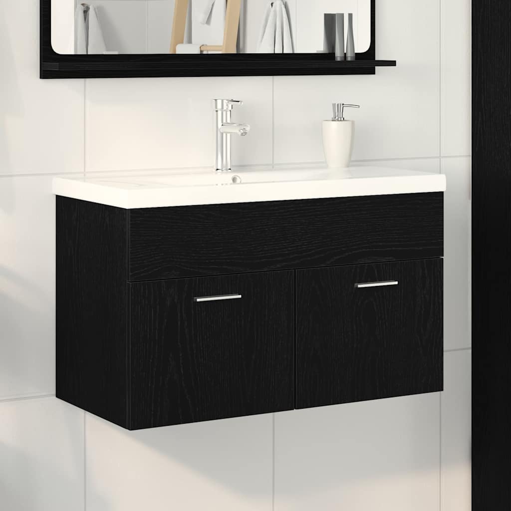 Vaskeskab Med Dør Sort Eg 80 X 38.5 X 46 Cm Konstrueret Træ - Hovedbillede