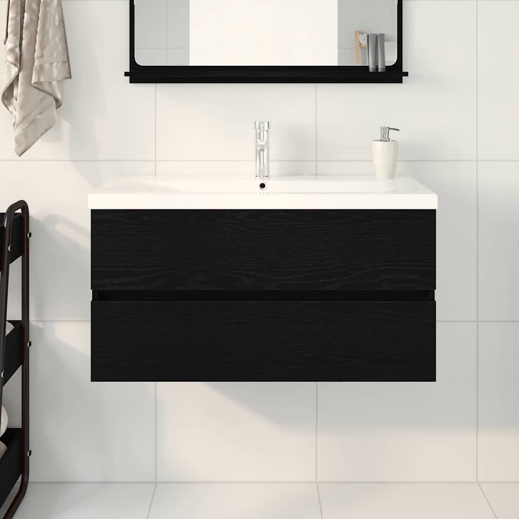 Vaskeskab Vægmonteret Sort Eg 90 X 39 X 62 Cm Konstrueret Træ - Billede 4