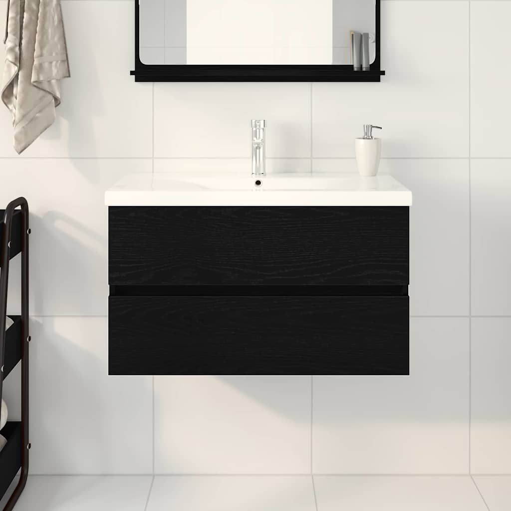 Vaskeskab Vægmonteret Sort Eg 80 X 39 X 62 Cm Konstrueret Træ - Billede 4