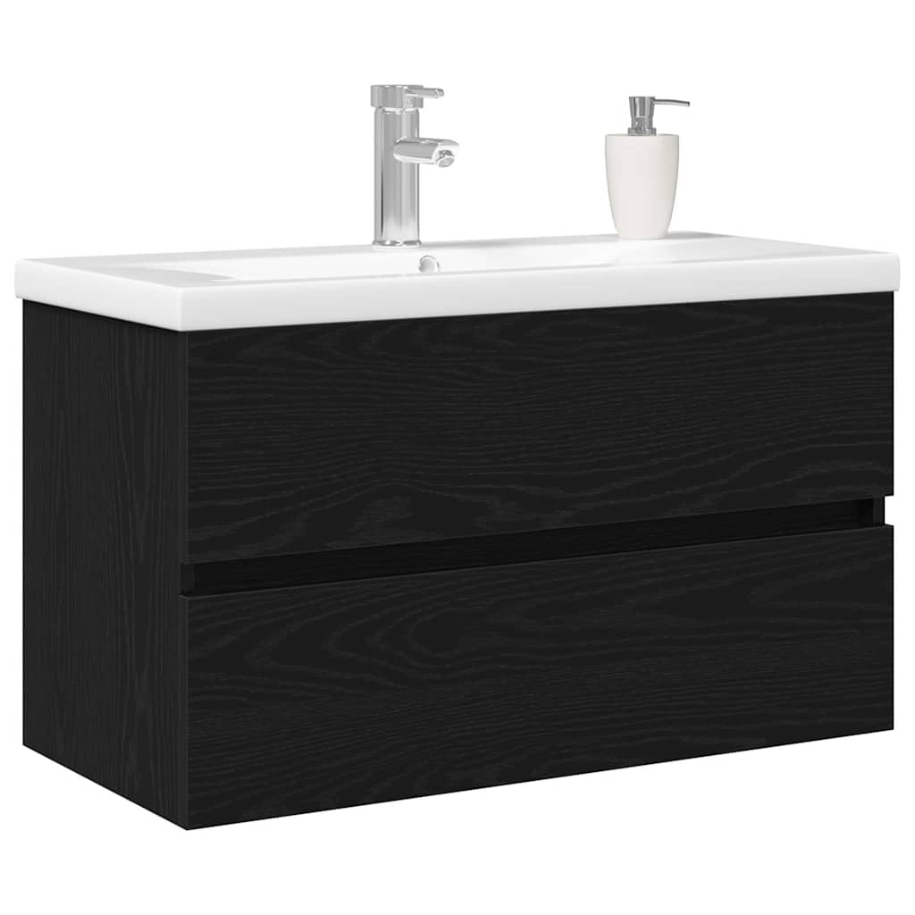 Vaskeskab Vægmonteret Sort Eg 80 X 39 X 62 Cm Konstrueret Træ - Billede 3
