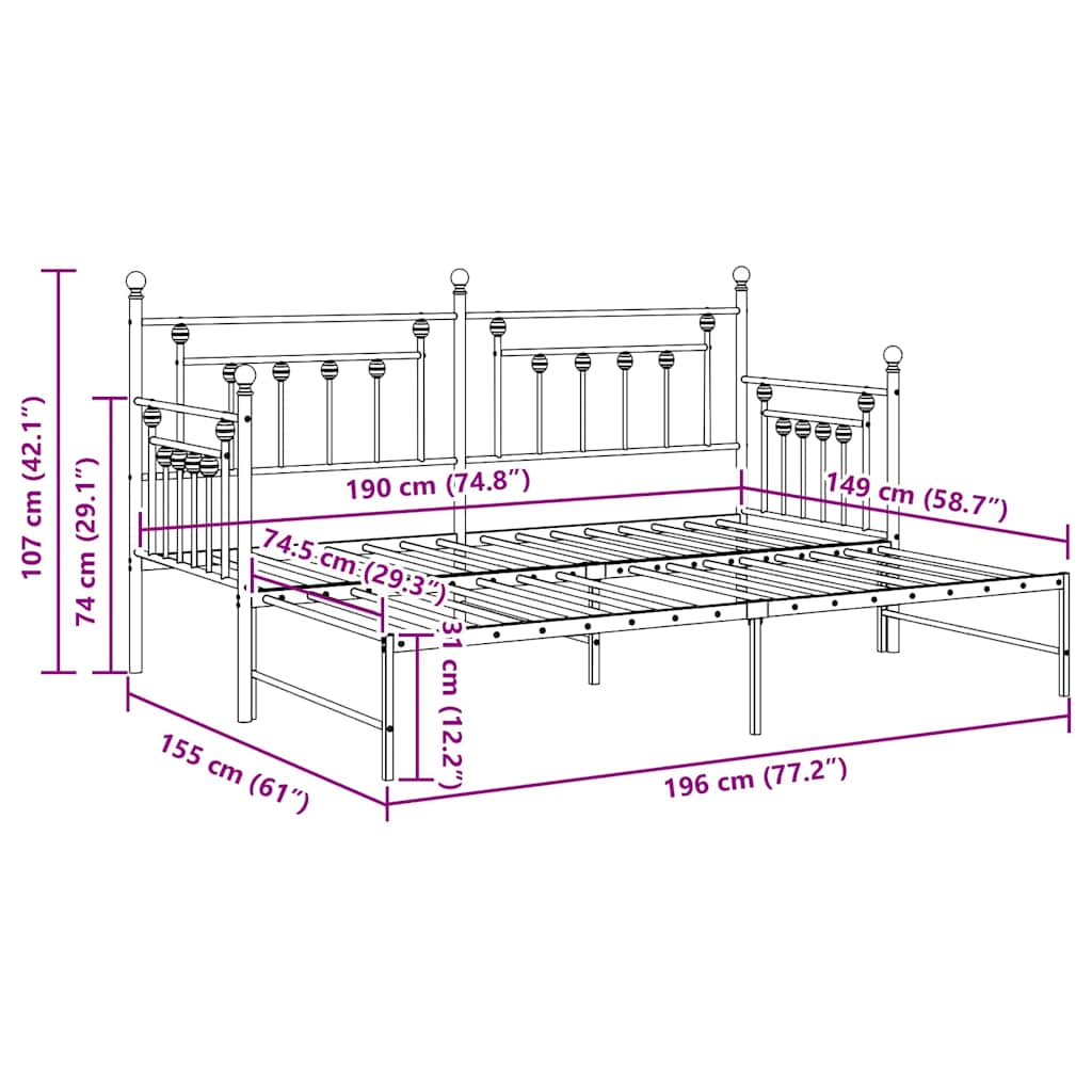 Dagsengramme Med Hovedgærde Sort 75 X 190 Cm Stål - Billede 12