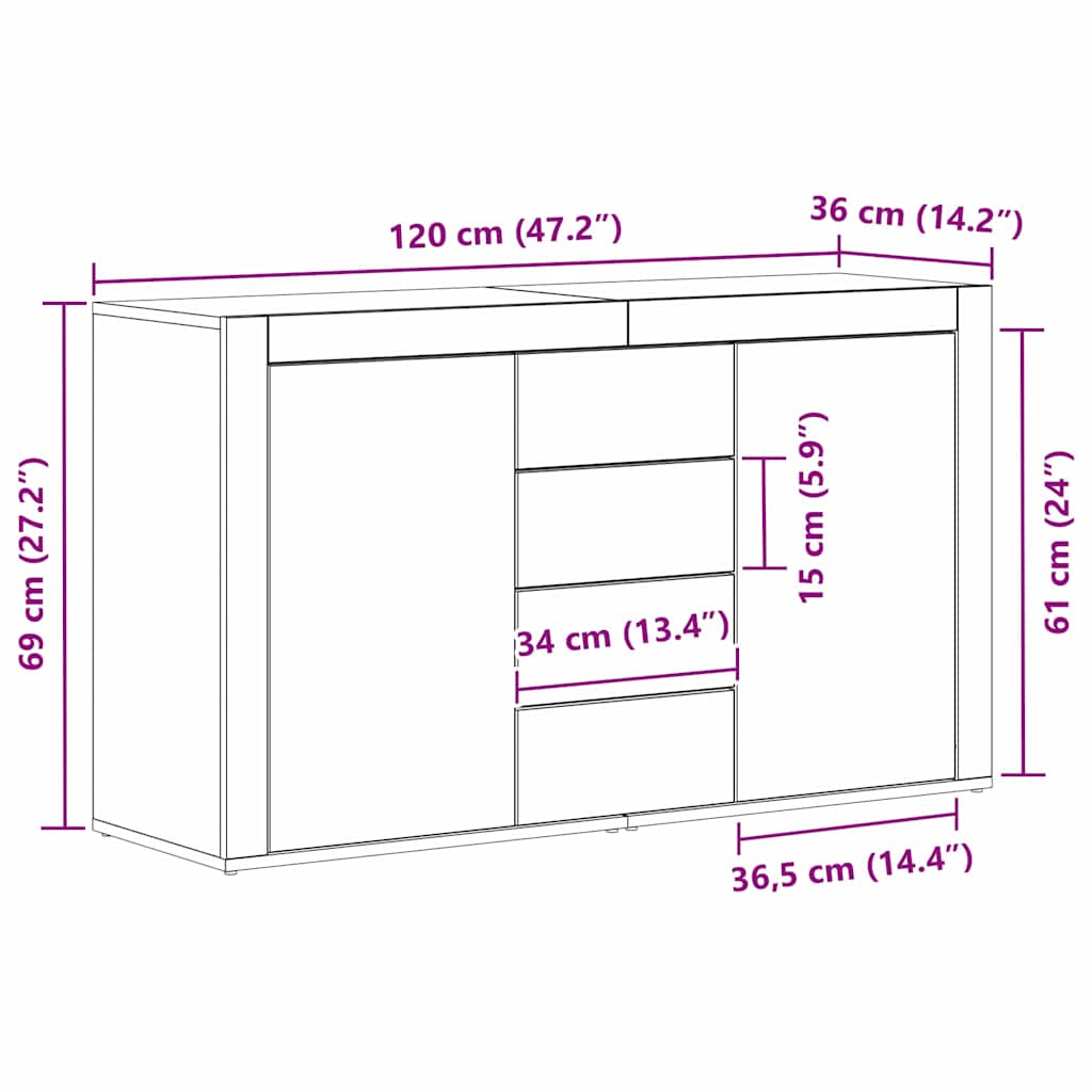 Sideboard Med Skuffe Sort Eg 120 X 36 X 69 Cm Konstrueret Træ - Billede 12