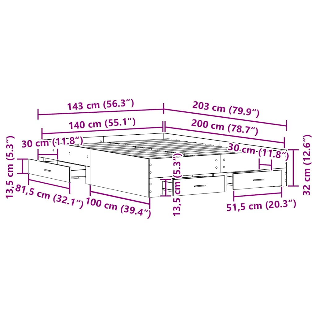 Sengestel Med Skuffer Gammelt Træ 140 X 200 Cm Konstrueret Træ - Billede 11